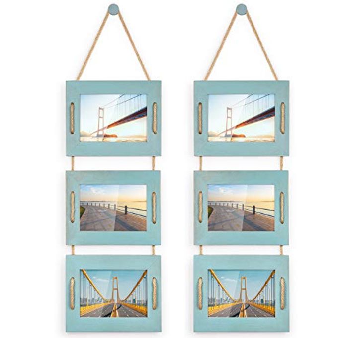 DLQuarts 5x7 Hanging Picture Frames Collage Wall Decor, Photo Frames 5x7 Without Mat & 3.5x5 with Mat, Rustic Wood 3-Frame, Ocean Blue, 2-Pack - Image 1