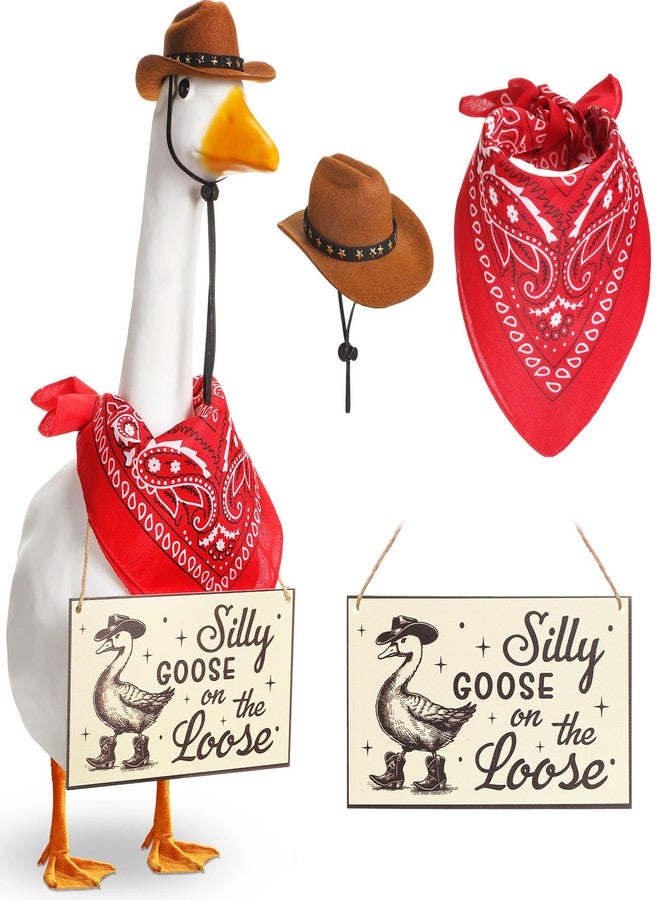 Silicherry Funny Porch Goose Decoration Set Silly Goose on The Loose Hangings Sign Cowboy Goose Outfit with Cowboy Hat and Red Bandana for 23" Cement/Plastic Goose Outdoor Statue Patio Yard Lawn Art - Image 1