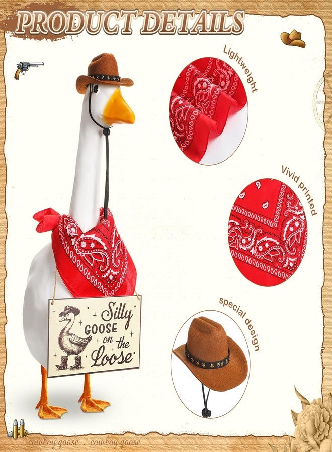 Silicherry Funny Porch Goose Decoration Set Silly Goose on The Loose Hangings Sign Cowboy Goose Outfit with Cowboy Hat and Red Bandana for 23" Cement/Plastic Goose Outdoor Statue Patio Yard Lawn Art - Image 3