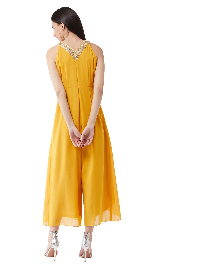 Miss Chase Women's Mustard Halter Neck Sleeveless Solid Embellished Regular Jumpsuit (MCAW21D04-89-183-05, Mustard, L) - Image 4