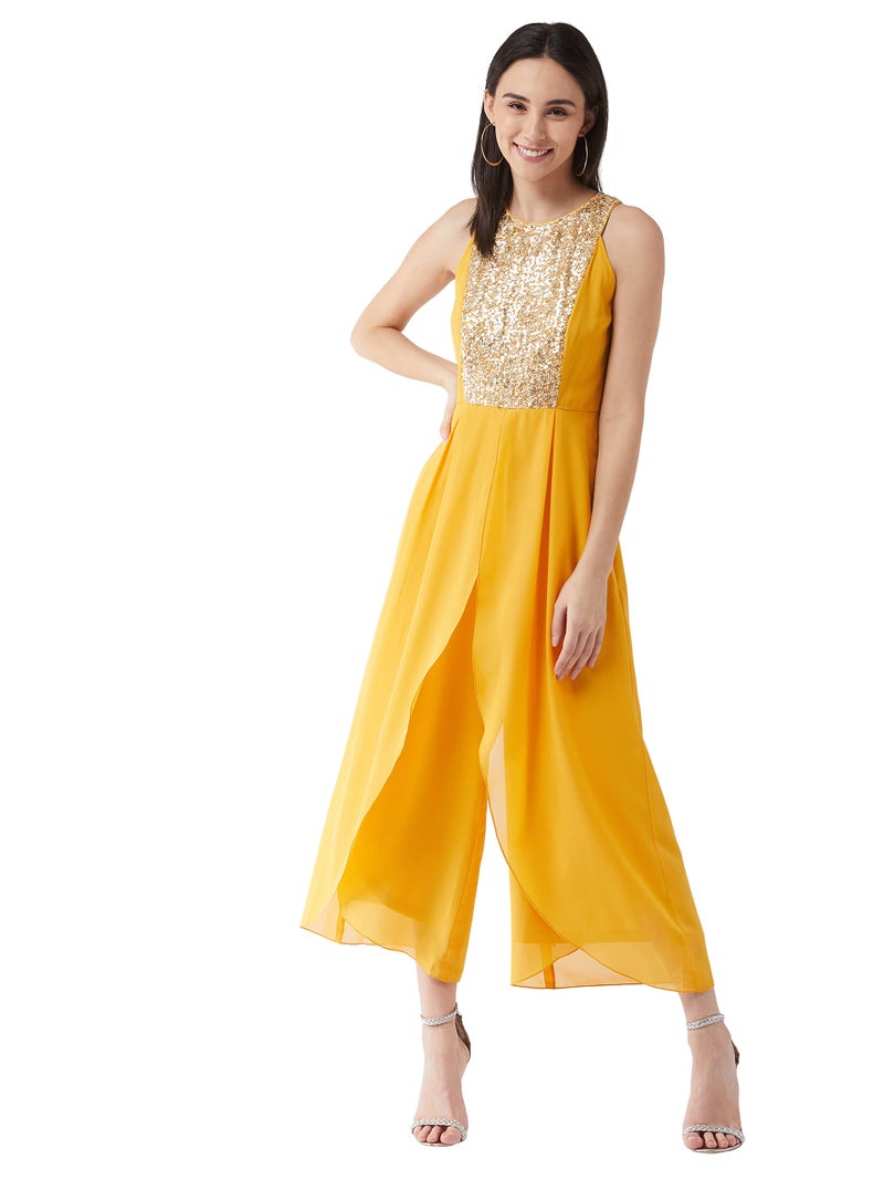 Miss Chase Women's Mustard Halter Neck Sleeveless Solid Embellished Regular Jumpsuit (MCAW21D04-89-183-05, Mustard, L) - Image 2