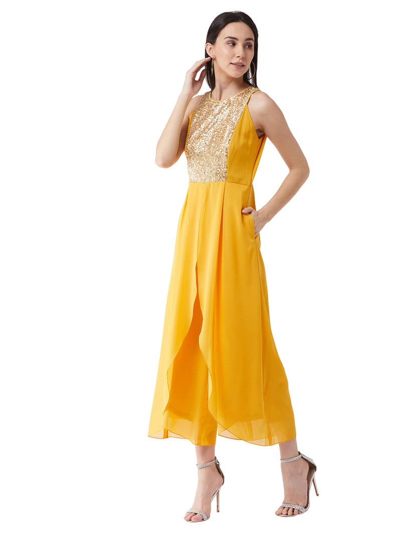 Miss Chase Women's Mustard Halter Neck Sleeveless Solid Embellished Regular Jumpsuit (MCAW21D04-89-183-05, Mustard, L) - Image 3
