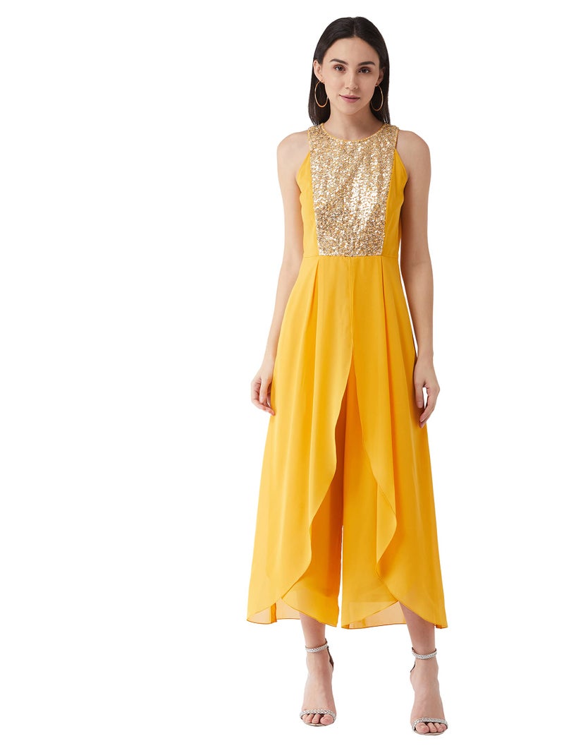 Miss Chase Women's Mustard Halter Neck Sleeveless Solid Embellished Regular Jumpsuit (MCAW21D04-89-183-05, Mustard, L) - Image 1