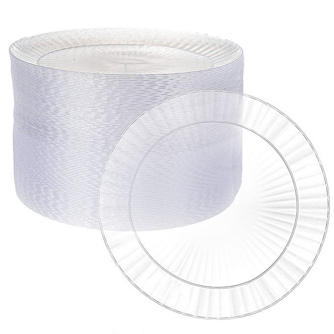 100 PACK 10 INCH DISPOSABLE DESSERT PLATES PLASTIC CLEAR PARTY SETS FOR 100 GUESTS CLEAR APPETIZER AND CAKE PLATES 10 PARTY DINNER ACCESSORIES SUNBURST
