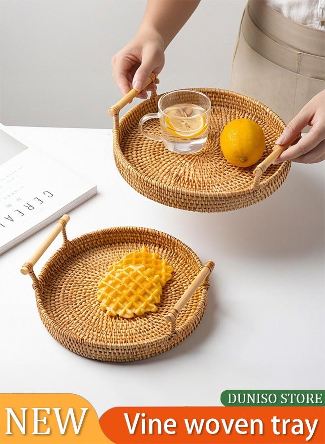 Loquat Rattan Woven Round Basket, Round Rattan Woven Serving Tray with Handles for Bread Fruit Vegetables, Restaurant Serving u0026 Tabletop Display Baskets (24cm, 1pc) - Image 1
