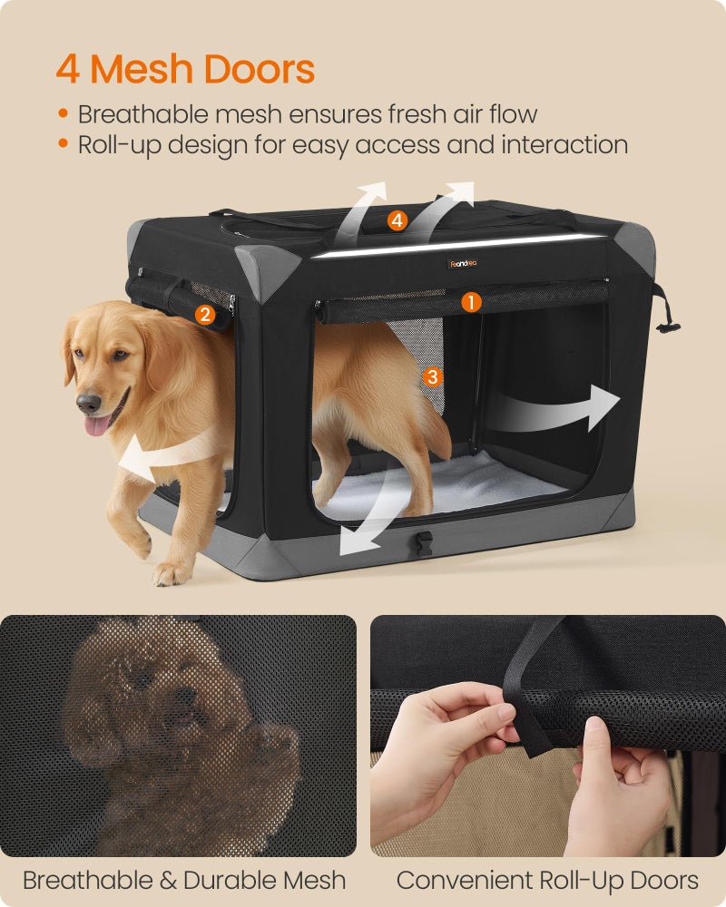 Feandrea Collapsible Dog Crate, Portable Oxford Fabric Pet Travel Crate with 4 Mesh Doors, Handles, Pocket, 36 Inches, for Large Dogs, Ink Black and Dove Gray UPDC029BH01 - Image 4