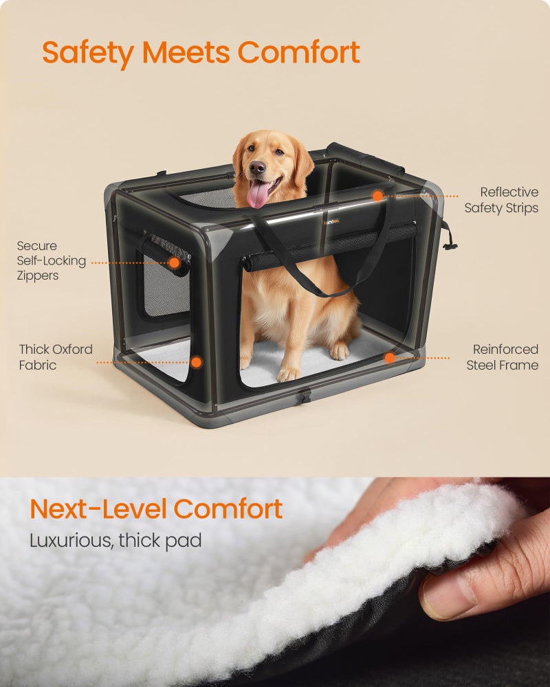 Feandrea Collapsible Dog Crate, Portable Oxford Fabric Pet Travel Crate with 4 Mesh Doors, Handles, Pocket, 36 Inches, for Large Dogs, Ink Black and Dove Gray UPDC029BH01 - Image 5