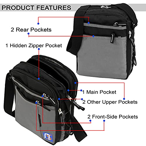 NISUN Stylish Nylon Small 7 Zipper Multi Pocket Sling Cross Body Travel Office Business Messenger One Side Shoulder Bag For Men Women - (Black & Grey, 21 x 10.5 x 27 Cm) - Image 3