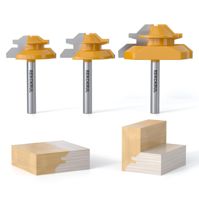 REKCKRUL Professional 3 PCS 45 Degree Lock Miter Router Bit Set - Carbide Tipped, 1/4" Shank, Cutting Height: 1/2", 5/8", 3/4", Woodworking Tools for Cabinets, Drawers, Doors & Furniture - Image 1