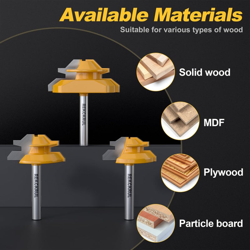 REKCKRUL Professional 3 PCS 45 Degree Lock Miter Router Bit Set - Carbide Tipped, 1/4" Shank, Cutting Height: 1/2", 5/8", 3/4", Woodworking Tools for Cabinets, Drawers, Doors & Furniture - Image 4