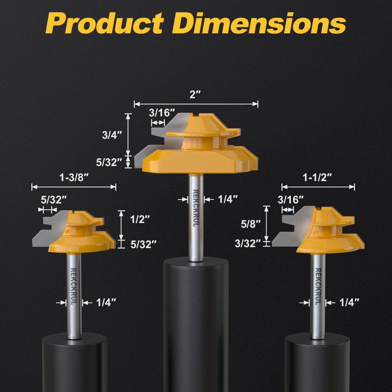 REKCKRUL Professional 3 PCS 45 Degree Lock Miter Router Bit Set - Carbide Tipped, 1/4" Shank, Cutting Height: 1/2", 5/8", 3/4", Woodworking Tools for Cabinets, Drawers, Doors & Furniture - Image 2