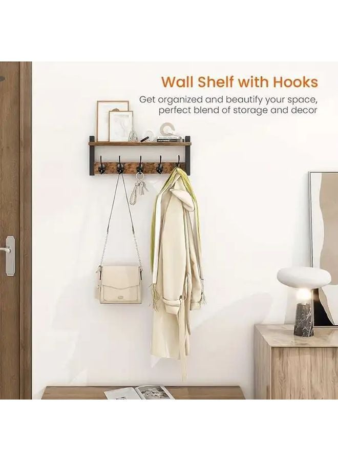 حامل معاطف بني مثبت على الحائط مع رف و5 خطافات معدنية للمدخل أو الحمام - Image 3