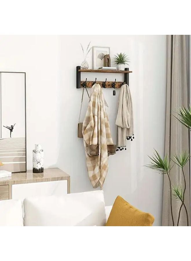 حامل معاطف بني مثبت على الحائط مع رف و5 خطافات معدنية للمدخل أو الحمام - Image 5