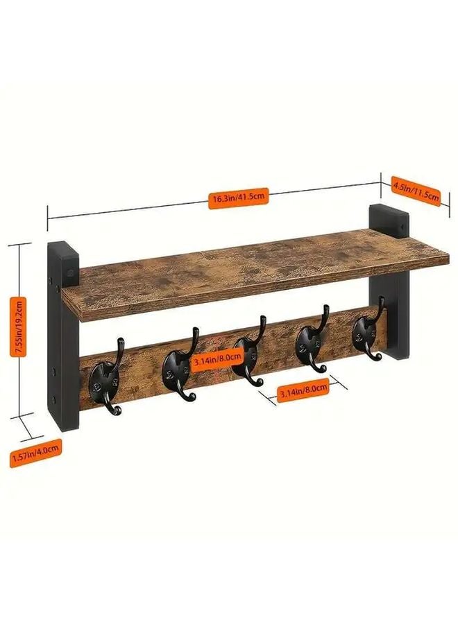 حامل معاطف بني مثبت على الحائط مع رف و5 خطافات معدنية للمدخل أو الحمام - Image 4