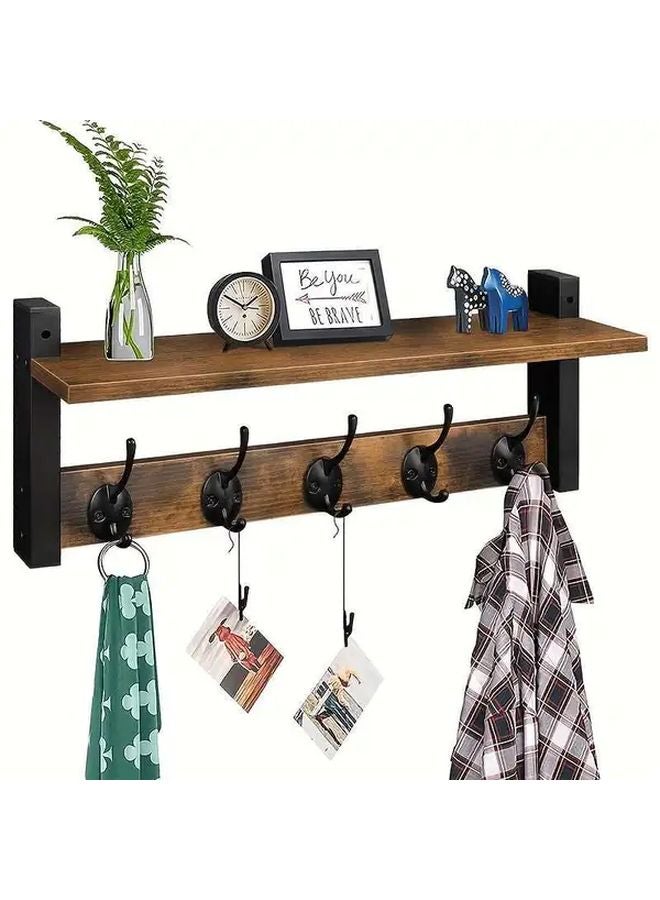 حامل معاطف بني مثبت على الحائط مع رف و5 خطافات معدنية للمدخل أو الحمام - Image 2