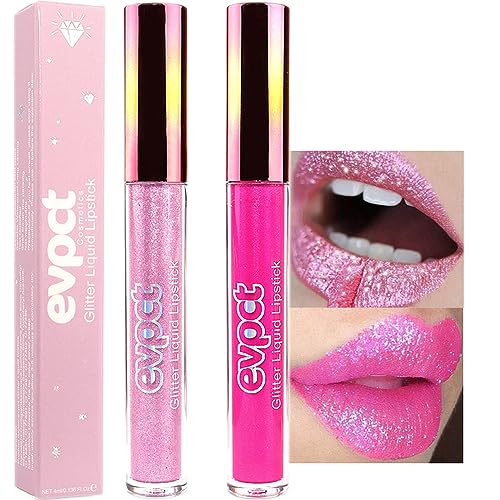 evpct 2Pcs Rose Hot Pink Glitter Metallic Shimmer Diamond Lipstick Lip Gloss Set for Women Long Lasting Waterproof Light Bright Rose Pink Sparkle Glitter Matte Liquid Lipstick Lip Makeup Kit - Image 1