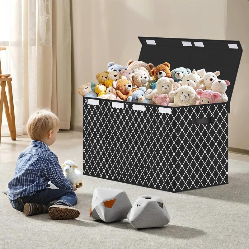 VERONLY Toy Box Storage Box with Lid – Foldable Cube Storage Box with Handles for Children's Room, Playroom, Bedroom, Toys, Clothes, Books (62 x 33 x 41 cm, Black Check) - Image 2