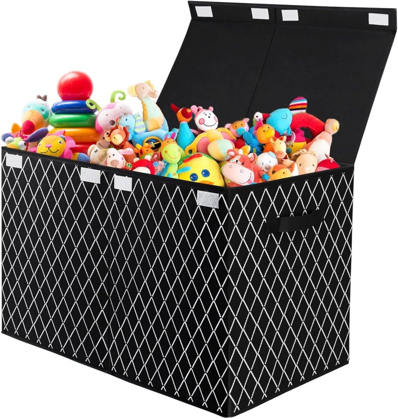 VERONLY Toy Box Storage Box with Lid – Foldable Cube Storage Box with Handles for Children's Room, Playroom, Bedroom, Toys, Clothes, Books (62 x 33 x 41 cm, Black Check) - Image 1
