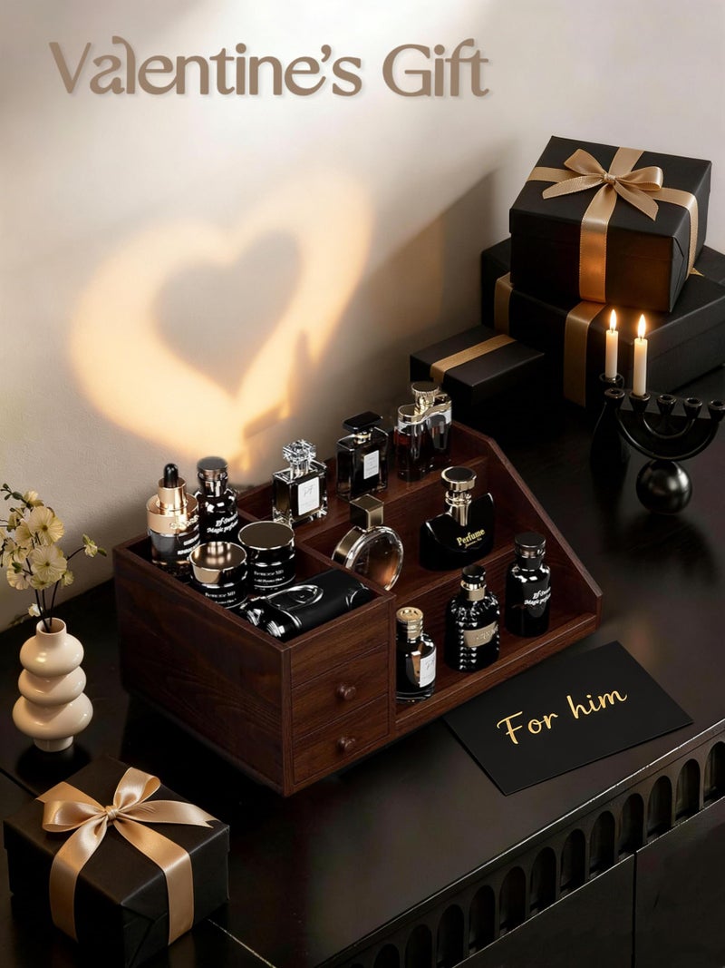 ProCase Wooden Cologne Organizer for Men, 3-Tier Elevated Wood Perfume Storage Display Shelf with Drawers, Dresser Storage Stand Riser for Fragrance Skin Care, Valentine Gift for Boys Men Dad Husband -Brown - Image 2