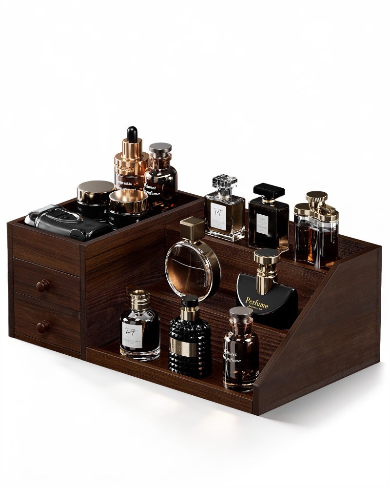 ProCase Wooden Cologne Organizer for Men, 3-Tier Elevated Wood Perfume Storage Display Shelf with Drawers, Dresser Storage Stand Riser for Fragrance Skin Care, Valentine Gift for Boys Men Dad Husband -Brown - Image 1