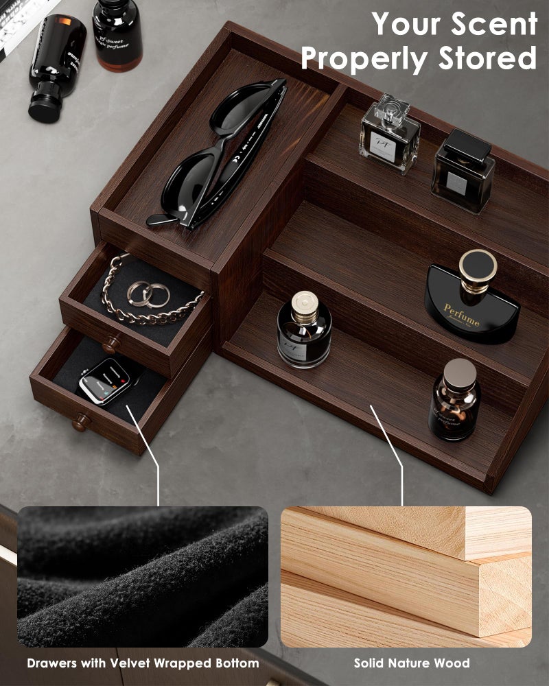 ProCase Wooden Cologne Organizer for Men, 3-Tier Elevated Wood Perfume Storage Display Shelf with Drawers, Dresser Storage Stand Riser for Fragrance Skin Care, Valentine Gift for Boys Men Dad Husband -Brown - Image 5