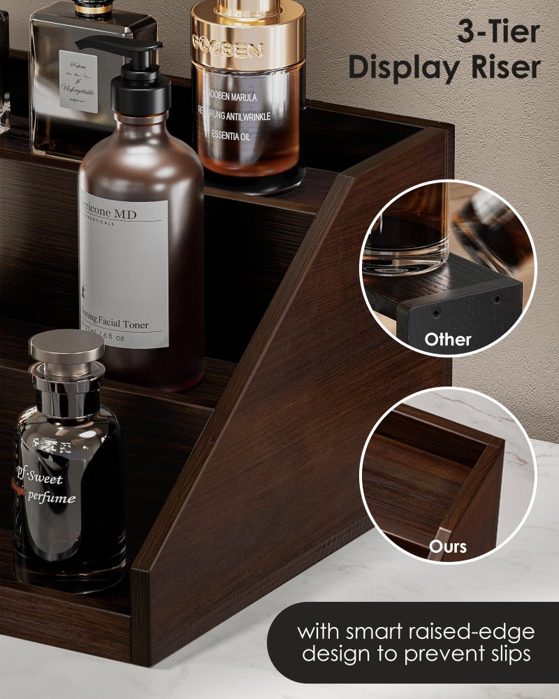 ProCase Wooden Cologne Organizer for Men, 3-Tier Elevated Wood Perfume Storage Display Shelf with Drawers, Dresser Storage Stand Riser for Fragrance Skin Care, Valentine Gift for Boys Men Dad Husband -Brown - Image 3
