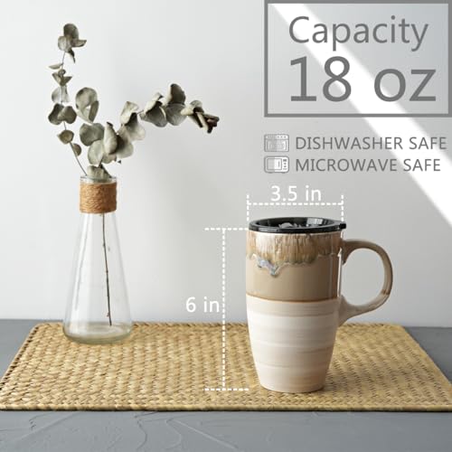 Bosmarlin Ceramic Travel Coffeel Mug with Handle and Lid 18 oz Portable Coffee Cup for Car Cup Holder Microwave and Dishwasher Safe Reactive Glaze Brown Grey - Image 3