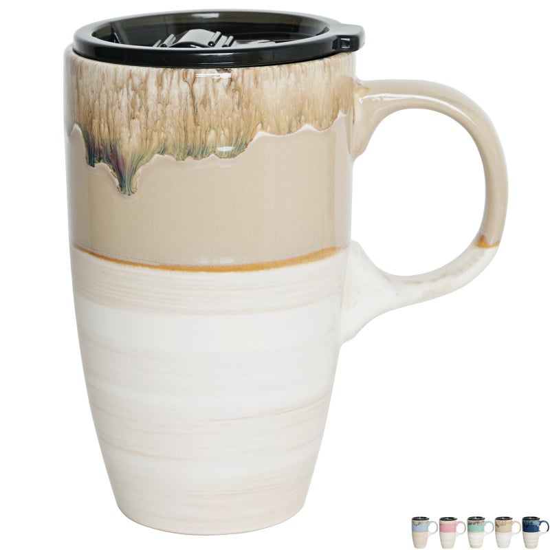 Bosmarlin Ceramic Travel Coffeel Mug with Handle and Lid 18 oz Portable Coffee Cup for Car Cup Holder Microwave and Dishwasher Safe Reactive Glaze Brown Grey - Image 2