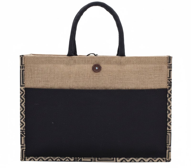 12 PIECES - Jute Shopping Tote  Bag with Cotton Pocket,Two-Tone Button Closure (NATURAL JUTE/GEOMETRIC PRINT CANVAS WITH BOTTON) 41 X 33 X 15 - Image 1