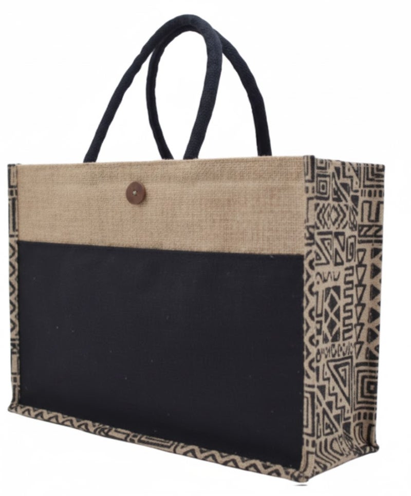 12 PIECES - Jute Shopping Tote  Bag with Cotton Pocket,Two-Tone Button Closure (NATURAL JUTE/GEOMETRIC PRINT CANVAS WITH BOTTON) 41 X 33 X 15 - Image 2