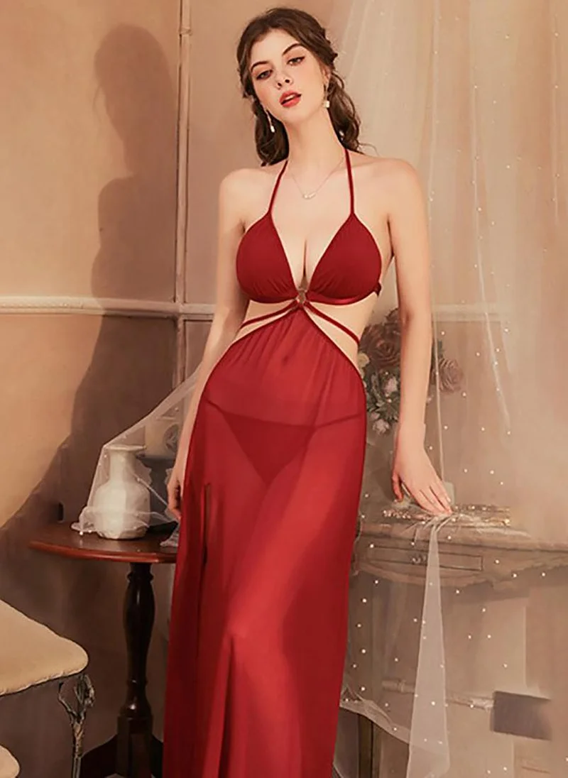 يونيكي Maroon Solid Sleeveless Babydoll With Brifes