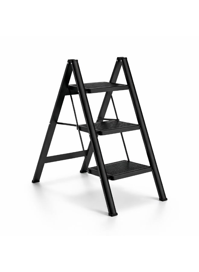 FURALUX Step Ladder,3 Step Folding Step Stool,Steel Metal Step Stools Non-Slip Pedal,Small Portable Ladder Kitchen Lightweight Home Office Ladders (3 Steps, Black) - Image 1