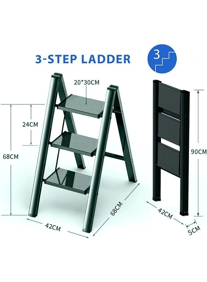 FURALUX Step Ladder,3 Step Folding Step Stool,Steel Metal Step Stools Non-Slip Pedal,Small Portable Ladder Kitchen Lightweight Home Office Ladders (3 Steps, Black) - Image 3