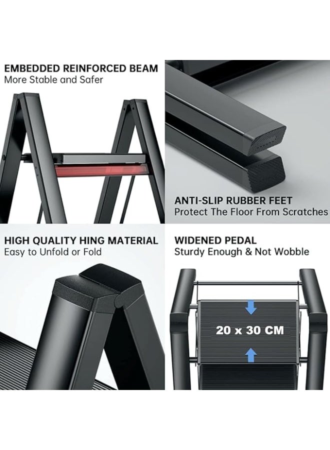 FURALUX Step Ladder,3 Step Folding Step Stool,Steel Metal Step Stools Non-Slip Pedal,Small Portable Ladder Kitchen Lightweight Home Office Ladders (3 Steps, Black) - Image 2