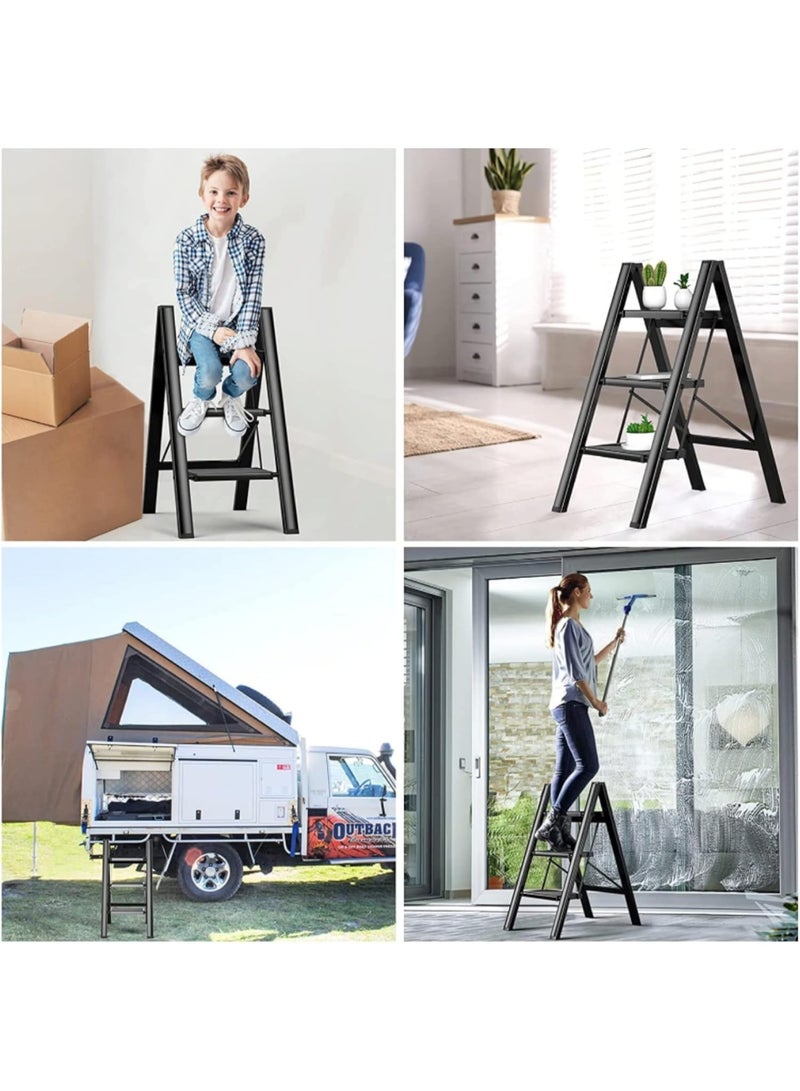 FURALUX Step Ladder,3 Step Folding Step Stool,Steel Metal Step Stools Non-Slip Pedal,Small Portable Ladder Kitchen Lightweight Home Office Ladders (3 Steps, Black) - Image 4