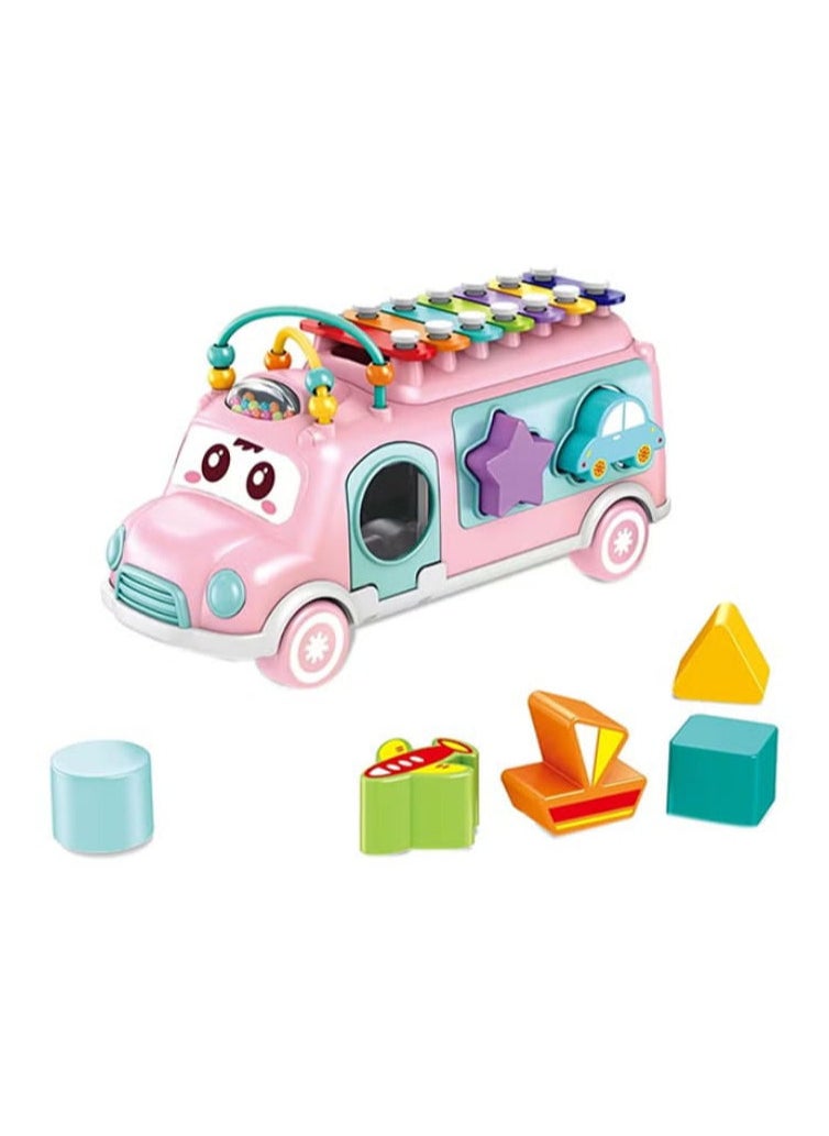 Musical bus toy and Montessori educational play and learning activities for babies and toddlers ages 3-6-9 months