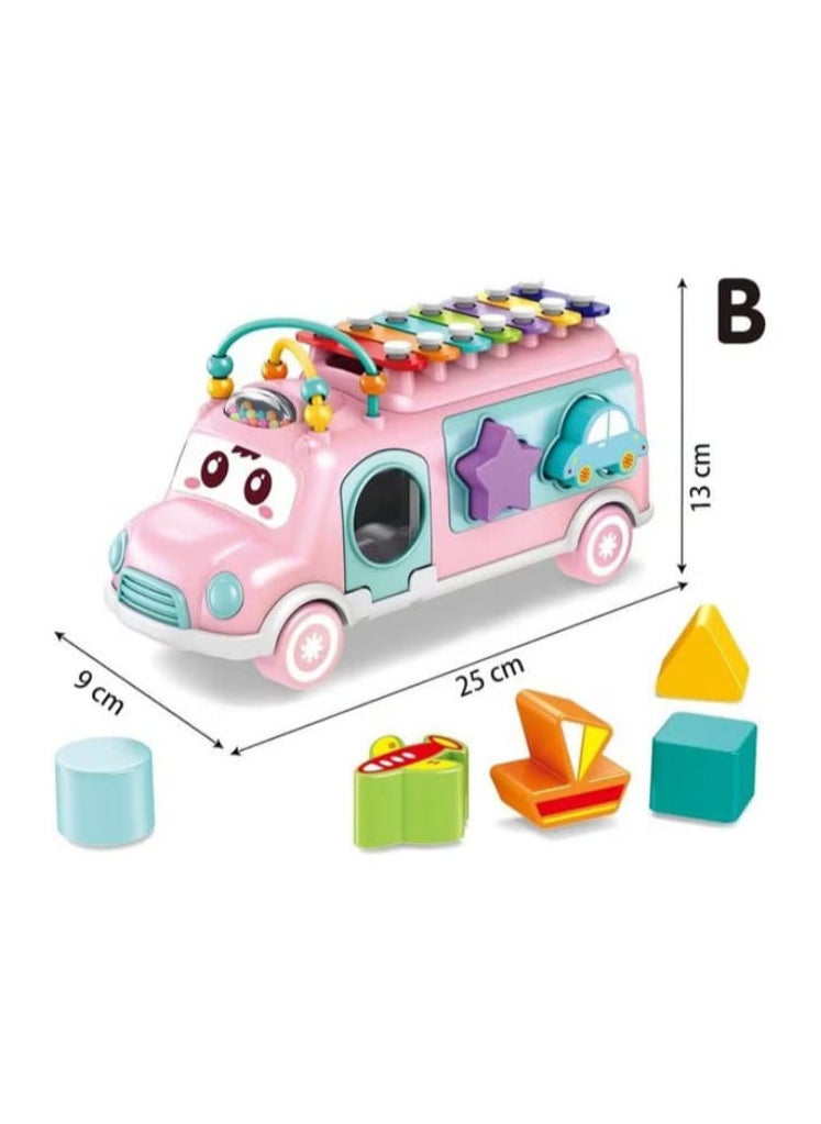 Musical bus toy and Montessori educational play and learning activities for babies and toddlers ages 3-6-9 months