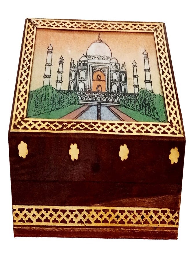 Purpledip Wooden Gemstone Painting Box Taj Mahal: Collectible Souvenir Gift, 4 * 3 Inch (12522B) - Image 1