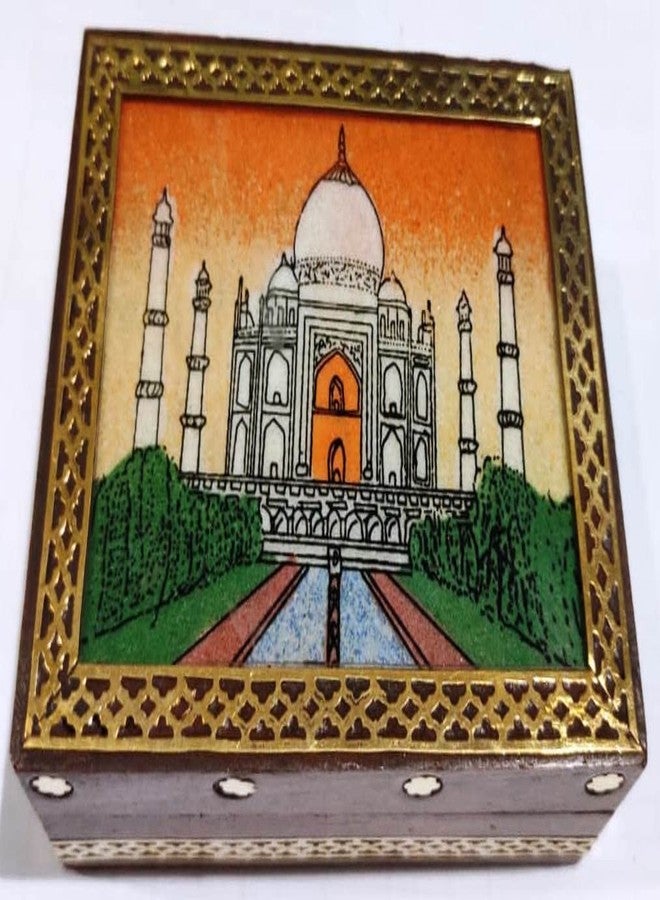 Purpledip Wooden Gemstone Painting Box Taj Mahal: Collectible Souvenir Gift, 4 * 3 Inch (12522B) - Image 2