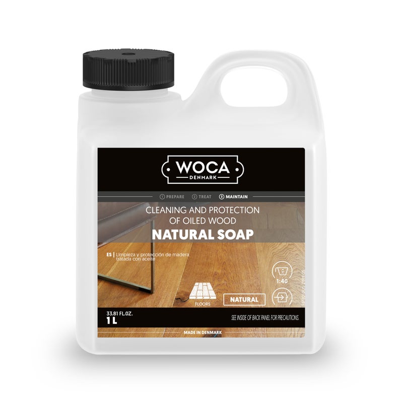 WOCA Natural Soap Natural 1L Concentrated Wood Cleaner for oil finished hardwood floors tables millwork cutting boards countertops and butcher block