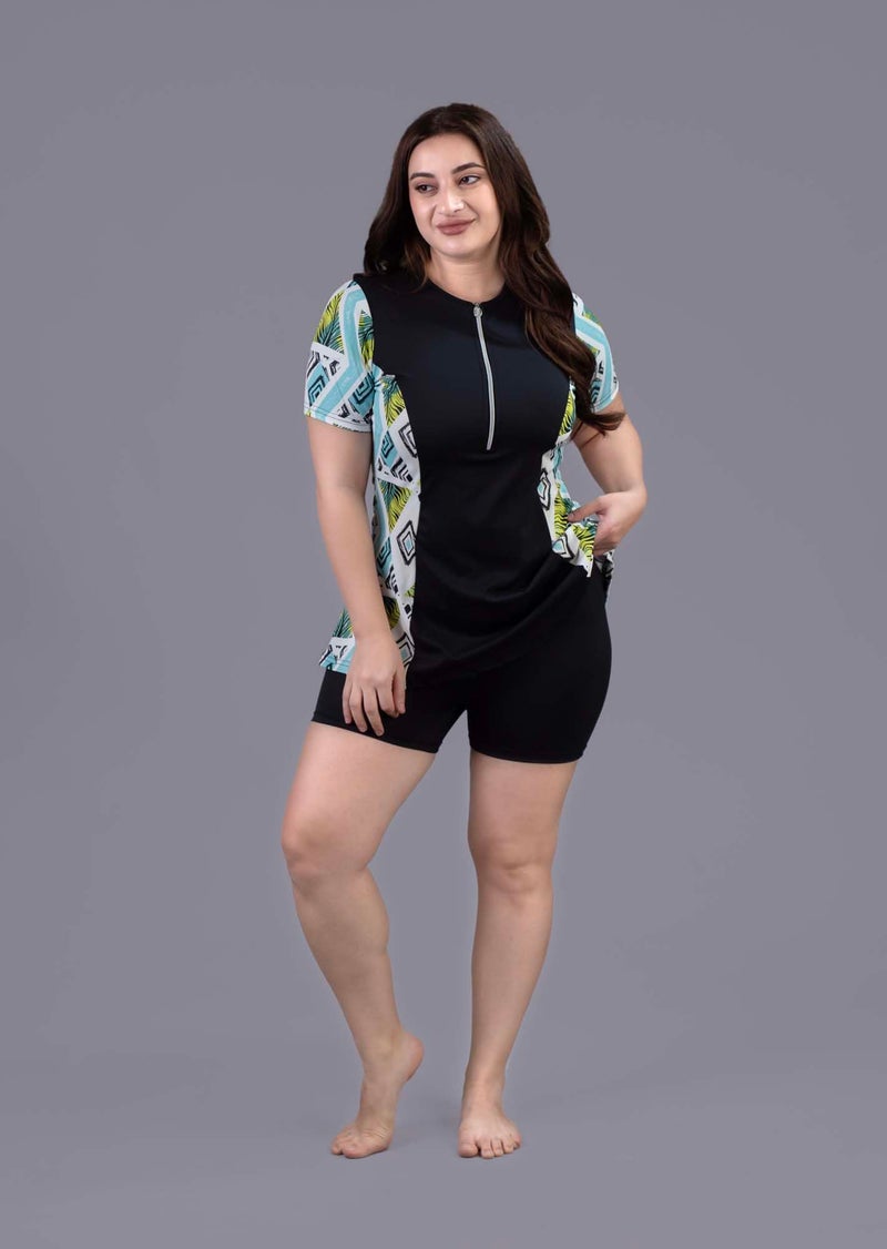 Keepfit Printed Medium Coverage geomatrical Printed 2 Piece Padded Plus Size Swimset for Women Turquoise Black |Swimming Suit for Women - Image 2