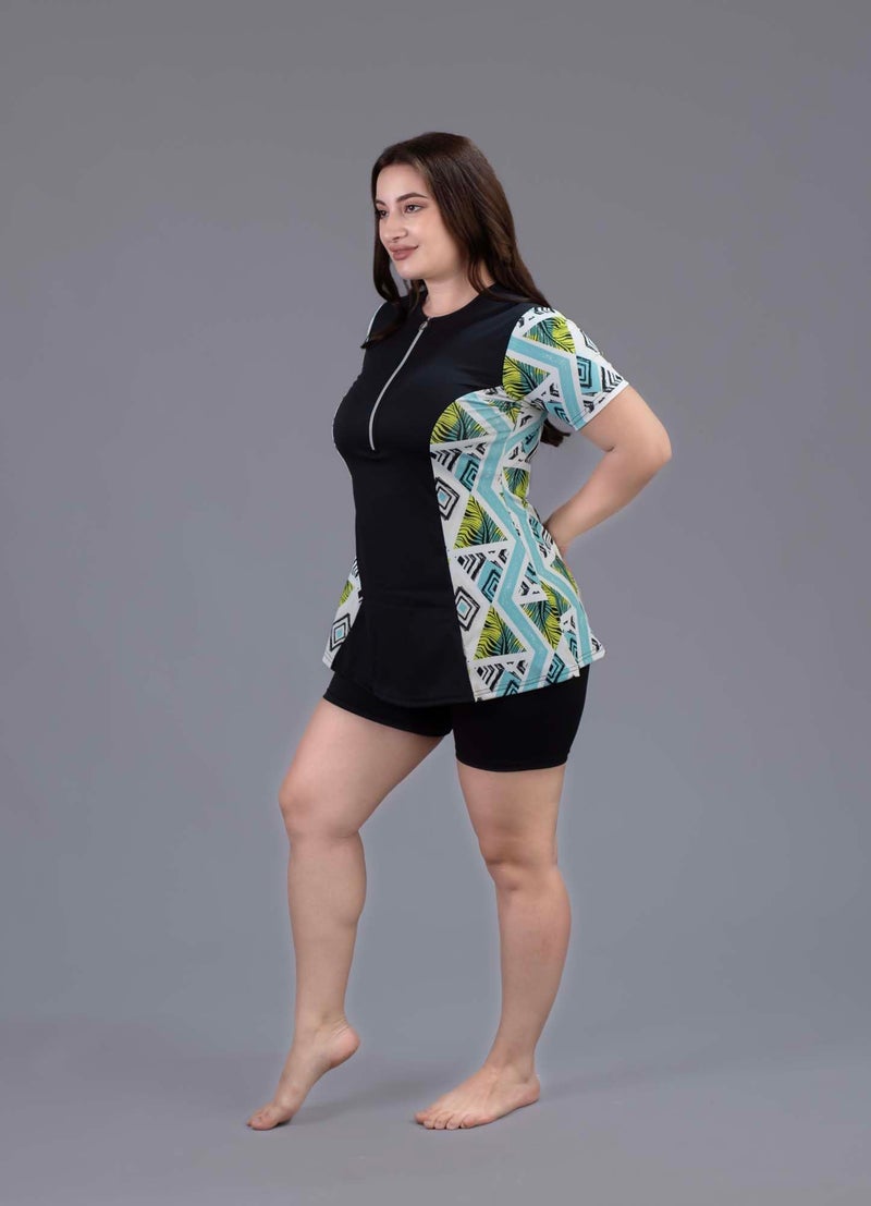 Keepfit Printed Medium Coverage geomatrical Printed 2 Piece Padded Plus Size Swimset for Women Turquoise Black |Swimming Suit for Women - Image 3