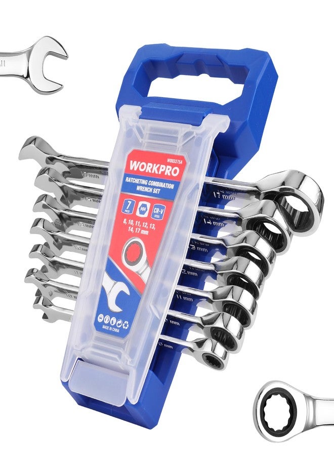 ووركبرو طقم مفاتيح ربط WORKPRO، متري، طقم مفاتيح ربط مركبة من 7 قطع، 8 مم، 10 مم، 11 مم، 12 مم، 13 مم، 14 مم، 17 مم، 12 رأسًا، فولاذ CR-V، مع رف منظم - Image 1