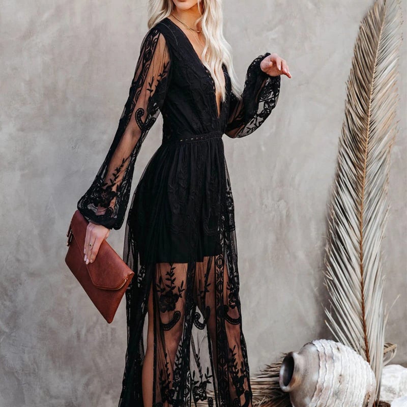 amropi Womens Deep V Neck Short Sleeve Floral Lace Dress Long Bridesmaid Maxi Dresses Black-0,S - Image 4