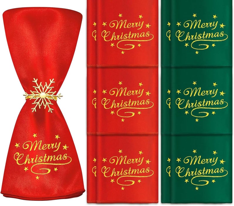 JarThenaAMCS 12 قطعة من مناديل عيد الميلاد القماشية حمراء وخضراء مع تطريز عيد ميلاد سعيد من الساتان مناديل عشاء قابلة لإعادة الاستخدام مجموعة شتوية للمطبخ 17 × 17 بوصة - Image 1