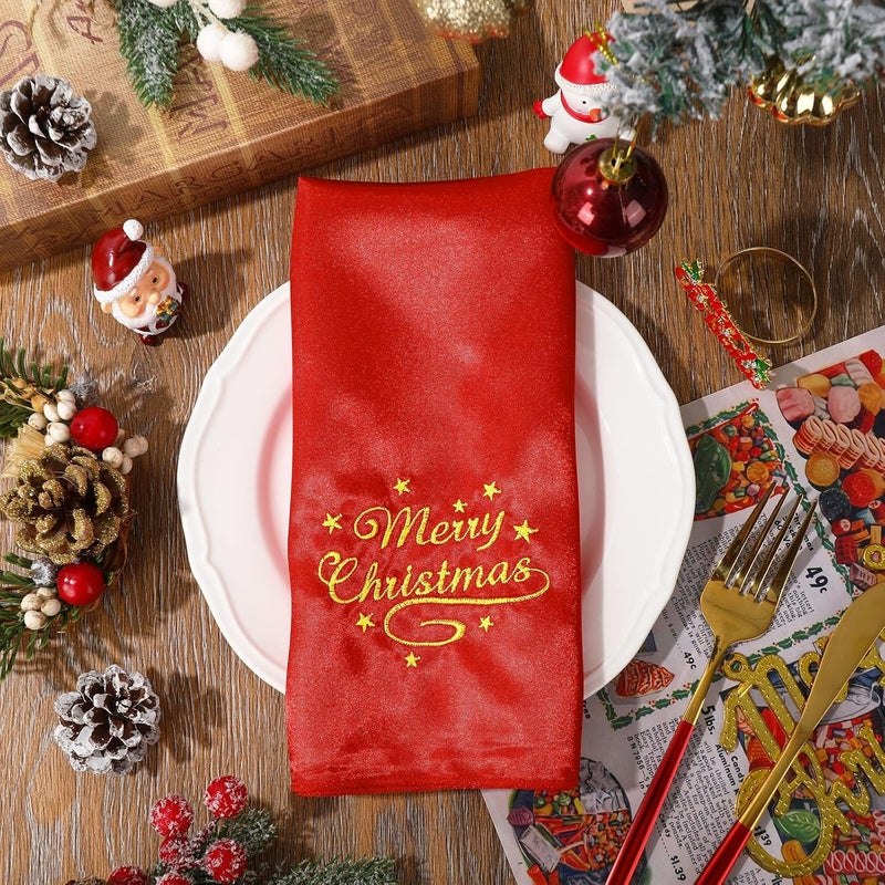 JarThenaAMCS 12 قطعة من مناديل عيد الميلاد القماشية حمراء وخضراء مع تطريز عيد ميلاد سعيد من الساتان مناديل عشاء قابلة لإعادة الاستخدام مجموعة شتوية للمطبخ 17 × 17 بوصة - Image 3