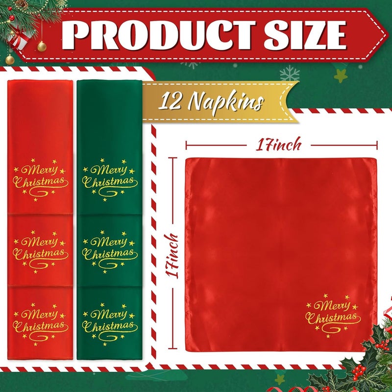 JarThenaAMCS 12 قطعة من مناديل عيد الميلاد القماشية حمراء وخضراء مع تطريز عيد ميلاد سعيد من الساتان مناديل عشاء قابلة لإعادة الاستخدام مجموعة شتوية للمطبخ 17 × 17 بوصة - Image 2