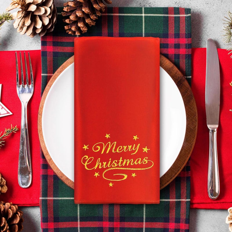 JarThenaAMCS 12 قطعة من مناديل عيد الميلاد القماشية حمراء وخضراء مع تطريز عيد ميلاد سعيد من الساتان مناديل عشاء قابلة لإعادة الاستخدام مجموعة شتوية للمطبخ 17 × 17 بوصة - Image 5