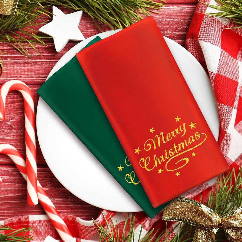 JarThenaAMCS 12 قطعة من مناديل عيد الميلاد القماشية حمراء وخضراء مع تطريز عيد ميلاد سعيد من الساتان مناديل عشاء قابلة لإعادة الاستخدام مجموعة شتوية للمطبخ 17 × 17 بوصة - Image 4