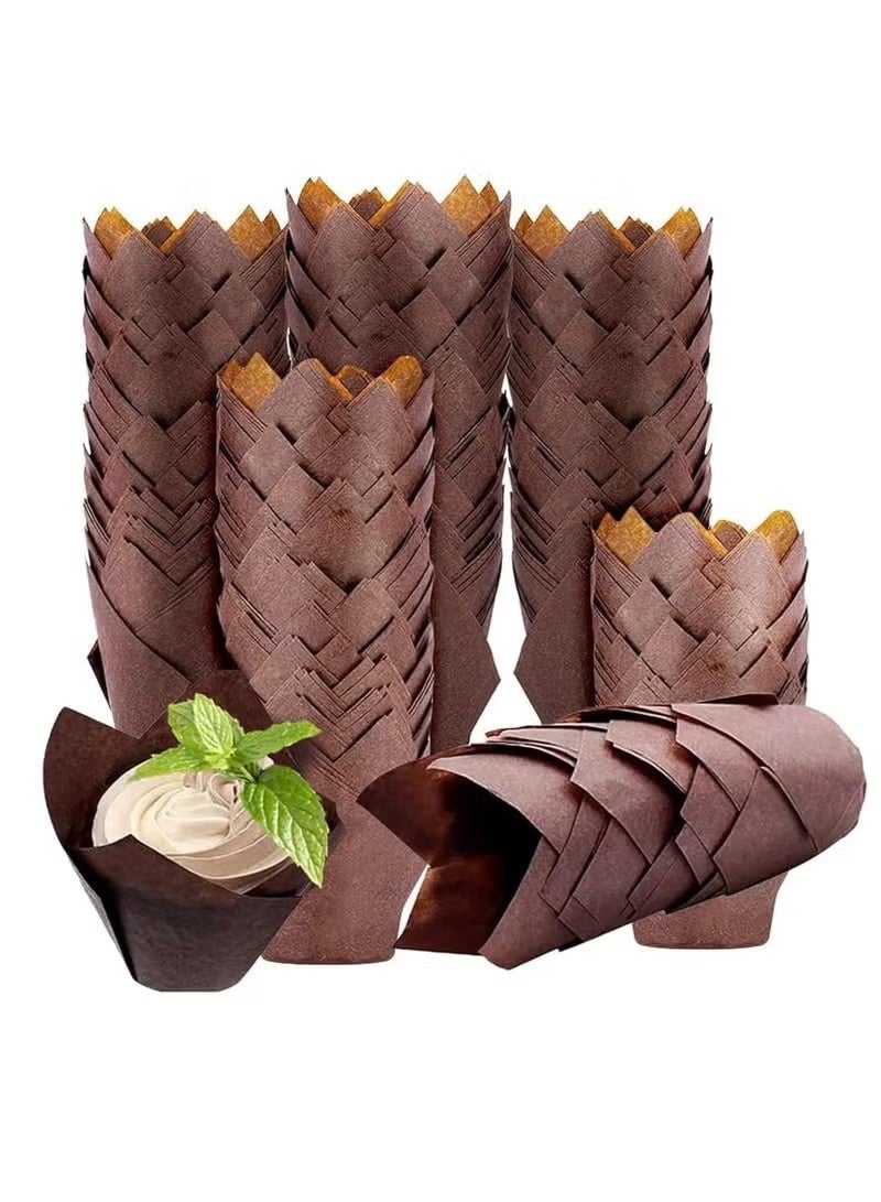 عبوة من 200 قطعة من أكواب ورق الخبز على شكل زهرة التوليب، مثالية لحفلات أعياد الميلاد، وحفلات الزفاف، والمخابز، والمطاعم، باللون البني. - Image 1